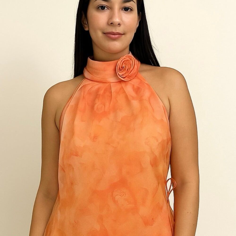 CeCe Orange Organza Floral Print 3D Rose Flowy Halter Blouse Top Size S